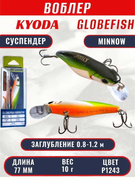 Воблер KYODA Globefish Minnow-77SP, длина 7,7 см, вес 10.0 гр цвет P1243, заглубление 0,8-1,2 м