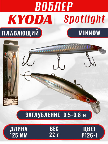 Воблер KYODA Spotlight Minnow-125F 12,5 см 22 гр цвет P126-1, заглубление 0,5-0,8 м