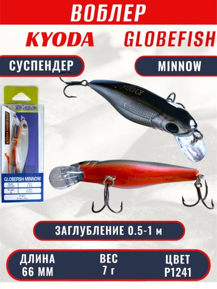 Воблер KYODA Globefish Minnow-66SP, длина 6,6 см, вес 7.0 гр цвет P1241, заглубление 0,5-1,0 м